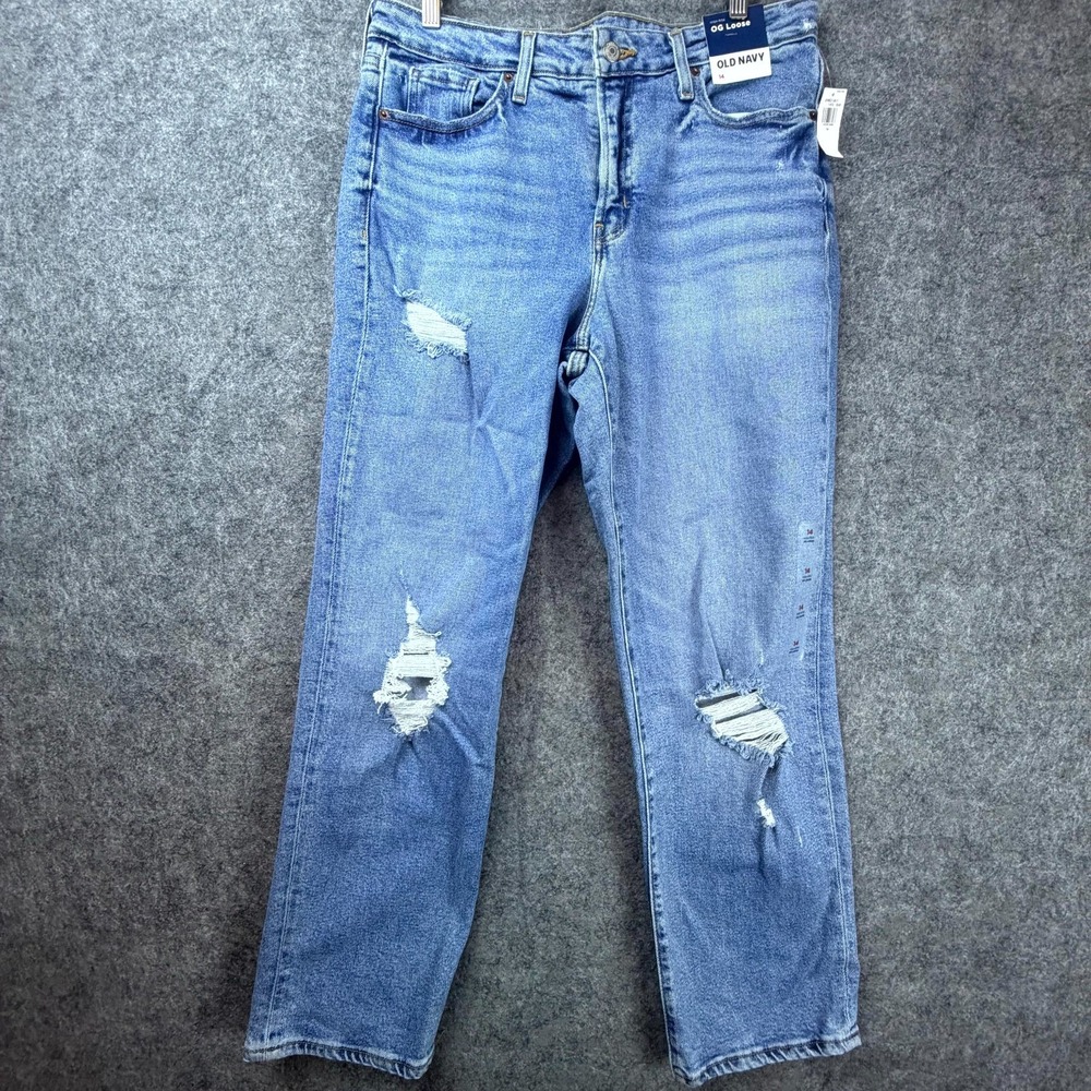 Old‎ Navy OG Loose Jeans Womens 14 Blue Cotton Distressed High Rise Straight Leg